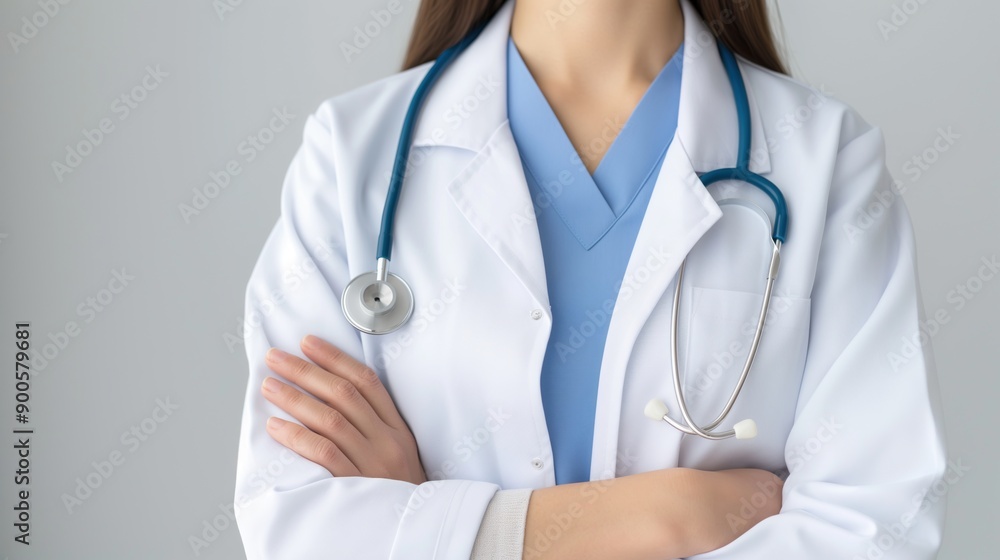 A close up female doctor in a white lab coat with a stethoscope is standing with her arms crossed. A close up female doctor in a white lab coat with a stethoscope is standing with her arms crossed.