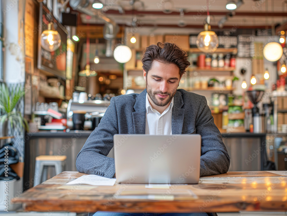 Professional Job Applicant Working on Laptop in Cafe with Modern Environment Professional Job Applicant Working on Laptop in Cafe with Modern Environment
