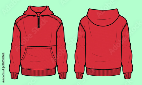 Red colour drop shoulder half zip through hoodie flat sketch outline vector fashion illustration template.