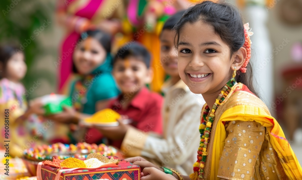 Smiling Children Celebrating Raksha Bandhan with Family Smiling Children Celebrating Raksha Bandhan with Family