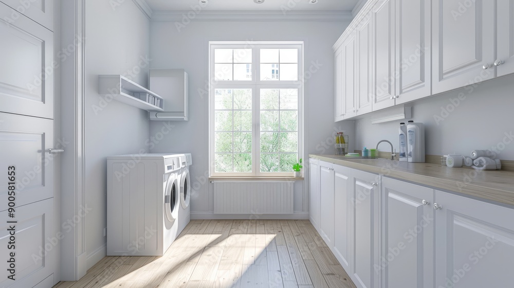 Fototapeta premium 3D Interior of Laundry Room with White Color Theme