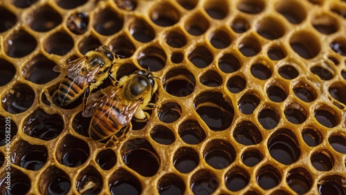 Textured pattern of beeswax honeycomb close-up photo