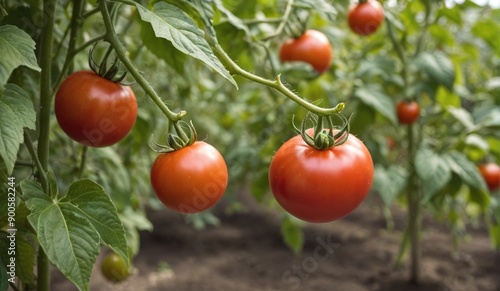 Vibrant Red Tomato on Vine with Lush Green Foliage