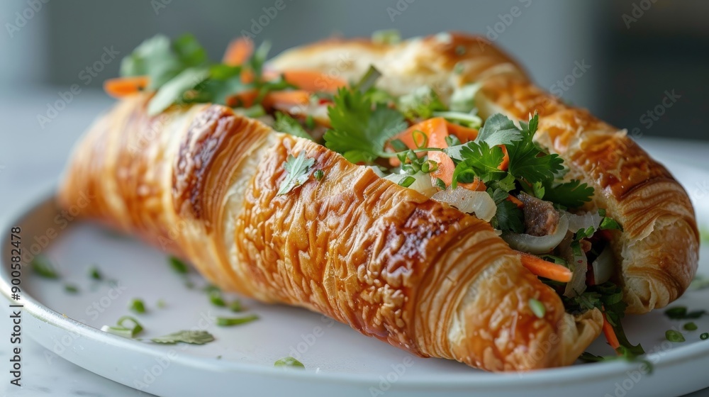A freshly baked croissant filled with savory ingredients, garnished with herbs and vibrant vegetables in a cozy bakery setting A freshly baked croissant filled with savory ingredients, garnished with herbs and vibrant vegetables in a cozy bakery setting
