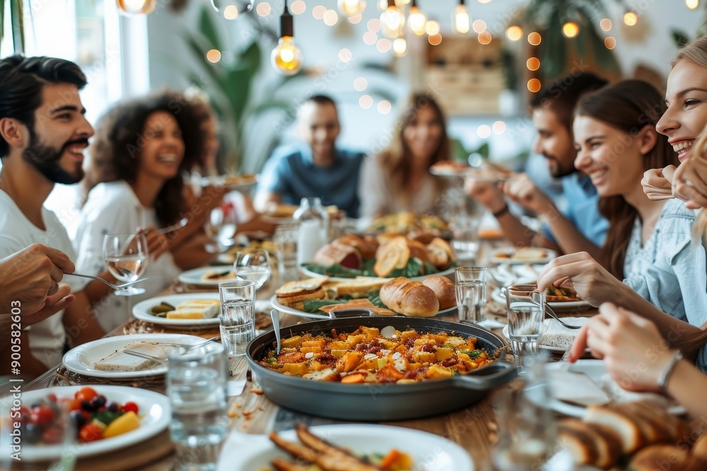 © Shah Mosaic - Group of happy satisfied adult people during party dinner created with Generative AI technology, Generative AI © Shah Mosaic - Group of happy satisfied adult people during party dinner created with Generative AI technology, Generative AI
