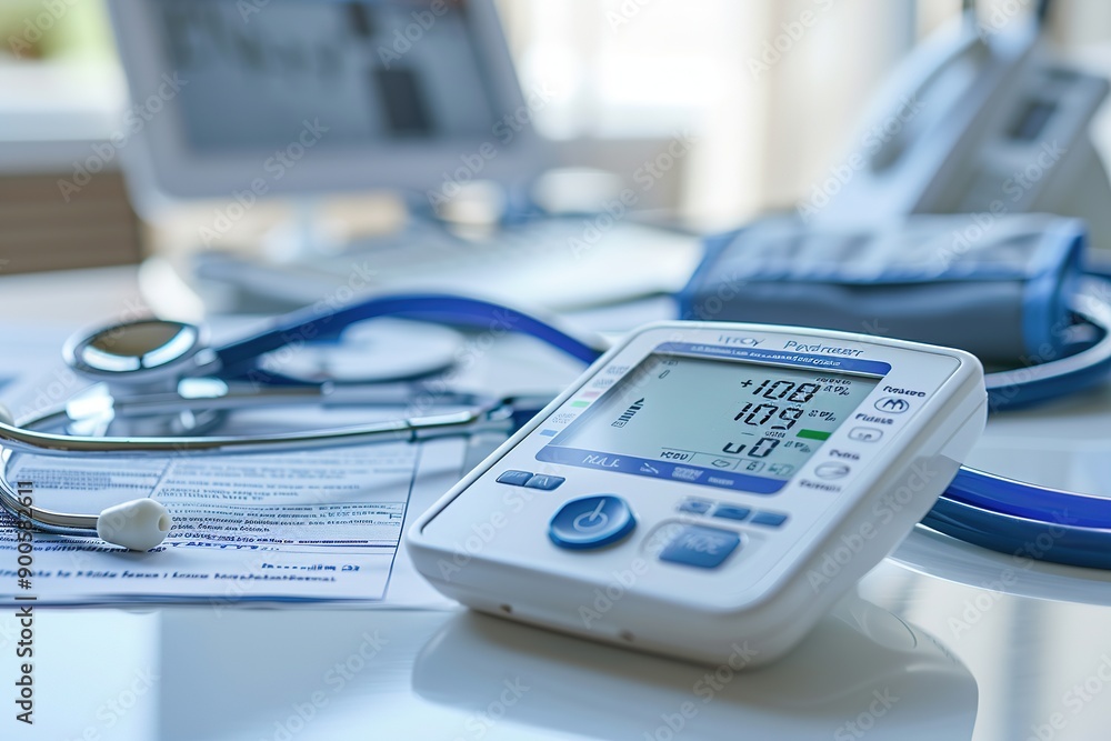 close-up of a digital tonometer displaying blood pressure readings, placed on a clean white table, close-up of a digital tonometer displaying blood pressure readings, placed on a clean white table,