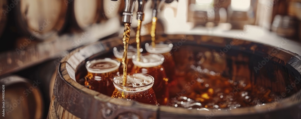 Wooden barrel with a tap pouring amber liquid into awaiting mugs. Wooden barrel with a tap pouring amber liquid into awaiting mugs.