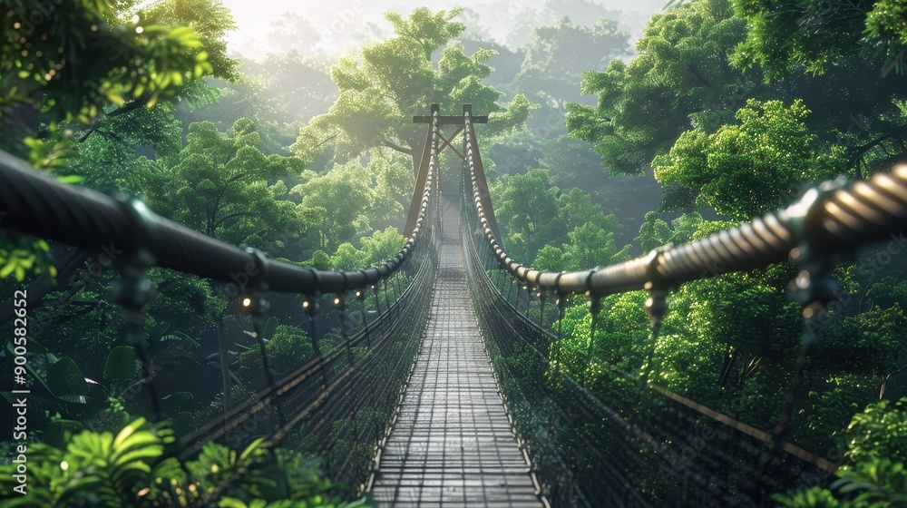 Fototapeta premium A serene suspension bridge stretches through a lush, green forest, with sunlight filtering through the dense canopy. The bridge creates a picturesque path