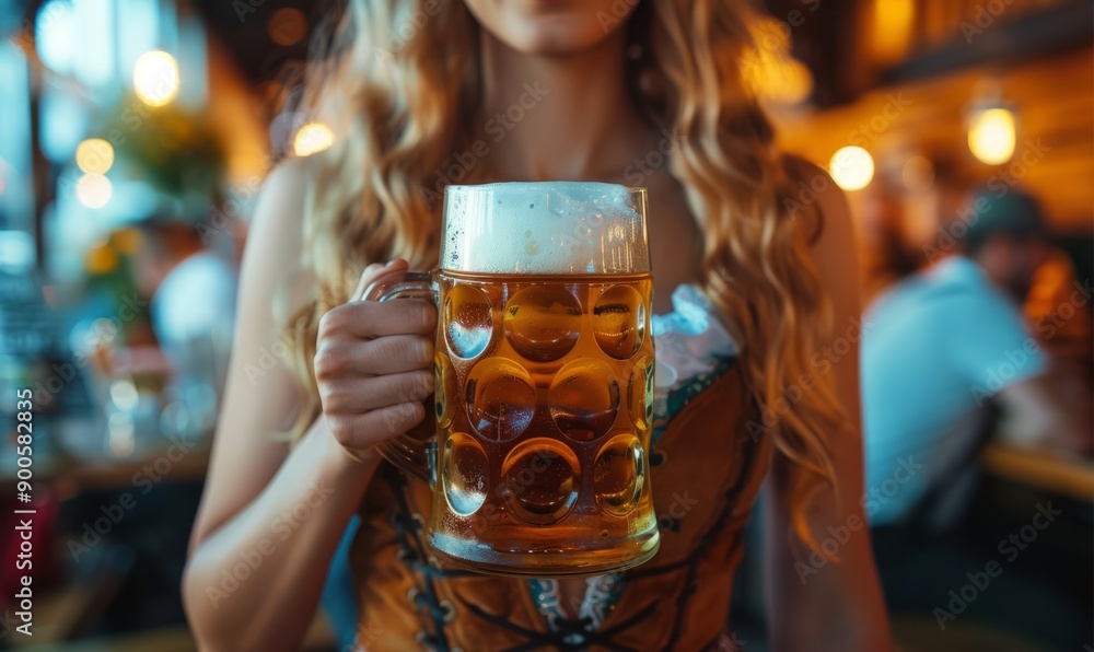 Woman in a dirndl holding a large beer mug at the Oktoberfest festival. Woman in a dirndl holding a large beer mug at the Oktoberfest festival.