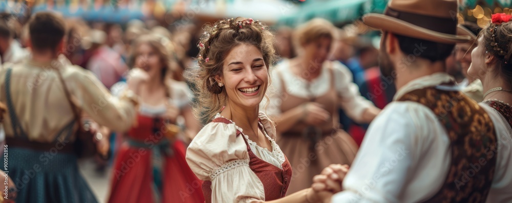 Group of people in festive attire enjoying traditional Bavarian dances at Oktoberfest. Group of people in festive attire enjoying traditional Bavarian dances at Oktoberfest.