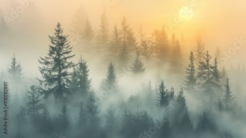 Sunrise Through the Mist in a Coniferous Forest