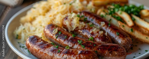 Plate of hearty sausages served with tangy sauerkraut and crispy fries.