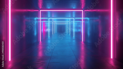 Futuristic Neon Corridor with Glowing Light Frames and Reflective Floor