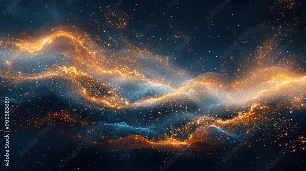Fototapeta premium Digital art of shimmering golden waves flowing over a deep, starry, dark blue backdrop
