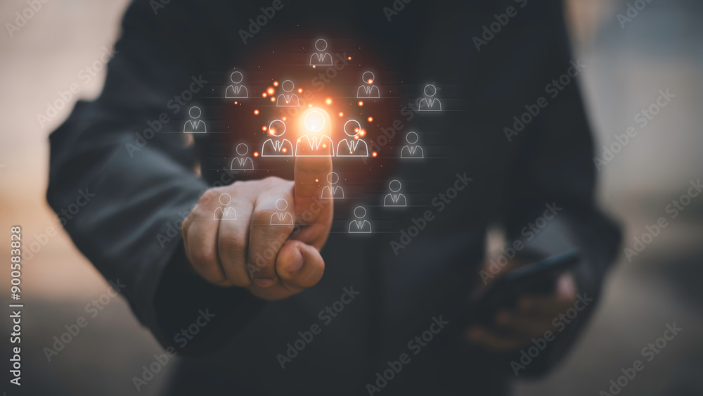 Obraz premium Customer Relationship Management, Businessman with global structure customer network technology, Data exchanges development. customer service, social media. digital marketing online.