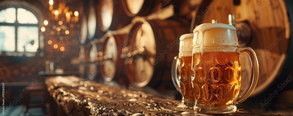 Wooden keg with a traditional tap pouring frothy beer into steins. Wooden keg with a traditional tap pouring frothy beer into steins.