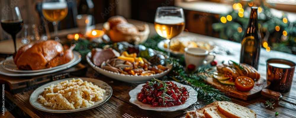 Rustic table set with an array of Bavarian delicacies under festive decor. Rustic table set with an array of Bavarian delicacies under festive decor.