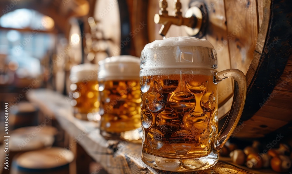 Wooden barrel with a brass tap dispensing frothy beer into steins at the Oktoberfest festival. Wooden barrel with a brass tap dispensing frothy beer into steins at the Oktoberfest festival.