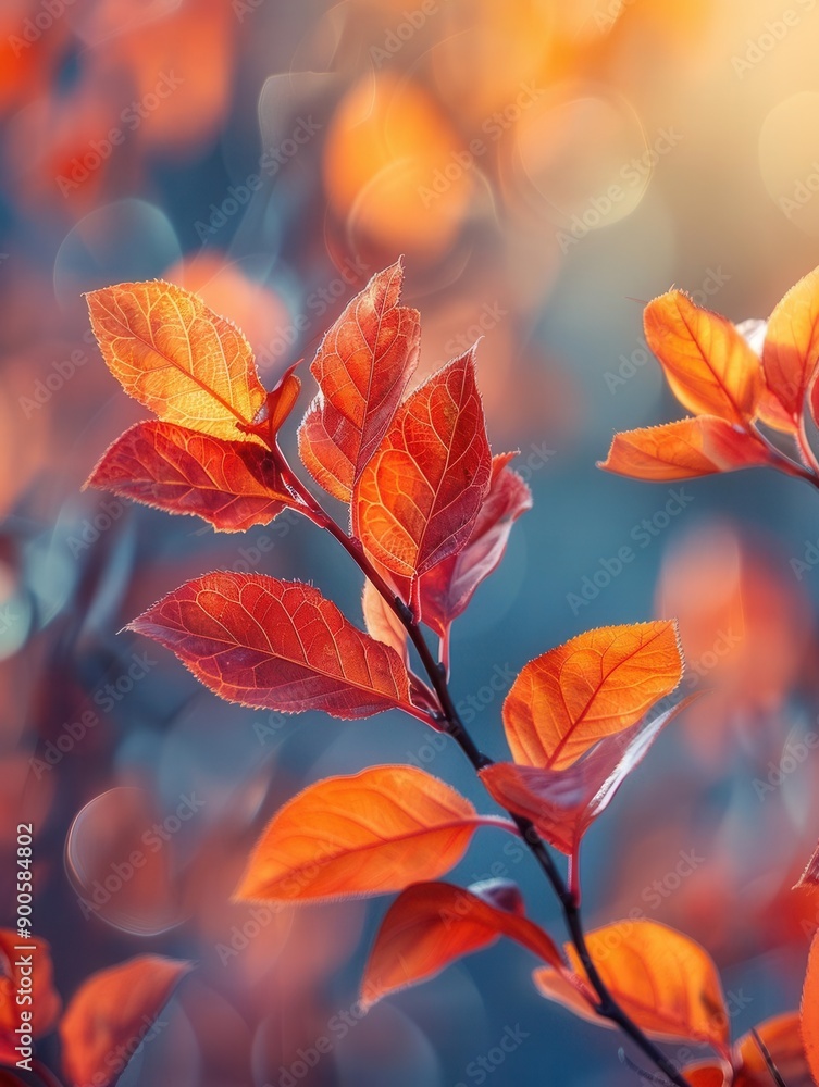 Branch with red leaves bathed in autumn sunlight, rich colors, bokeh background, low angle, nature close-up Branch with red leaves bathed in autumn sunlight, rich colors, bokeh background, low angle, nature close-up
