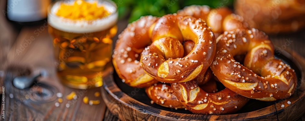 Plate of savory pretzels served with mustard and cheese at Oktoberfest. Plate of savory pretzels served with mustard and cheese at Oktoberfest.
