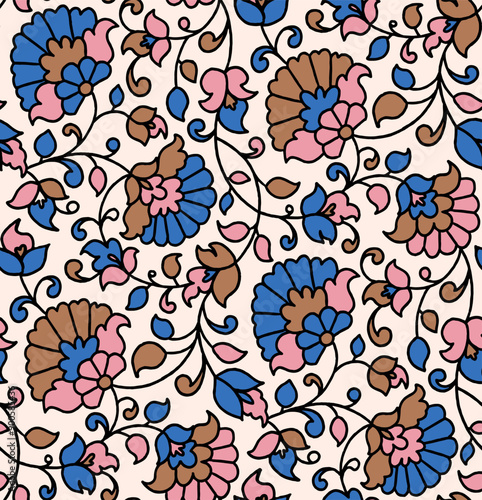 Indian Floral Seamless Vector Pattern, Vintage Oriental flowers Motif Print for Chintz fabric or Batik Indonesia Sarong, Arabesque Design for Blanket, Wallpaper, Rug, Textile, Clothing