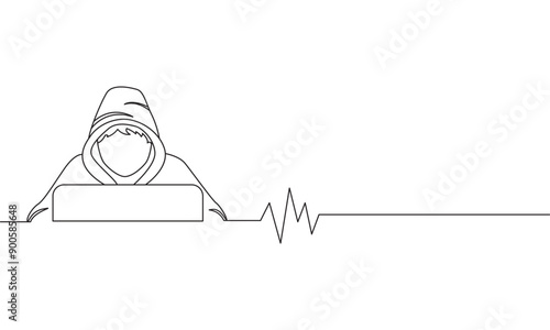 Line art illustration of a man working on a laptop