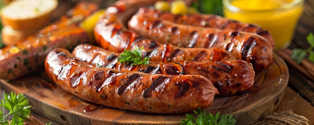 Plate of grilled sausages served with mustard and pickles on a wooden Oktoberfest table. Plate of grilled sausages served with mustard and pickles on a wooden Oktoberfest table.