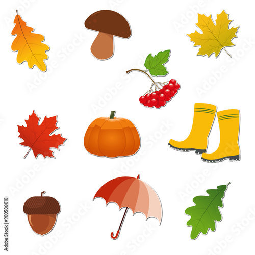 Autumn. The stickers are full of charming details: a pumpkin, bright leaves, an umbrella, 
 mushroom and other stylish images.
