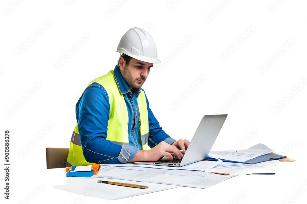 Engineer working with laptop on white background Engineer working with laptop on white background