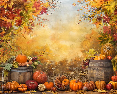 thanksgiving fall autumn background or backdrop for photos or wallpaper with pumpkins and barrels and beautiful colored leaves