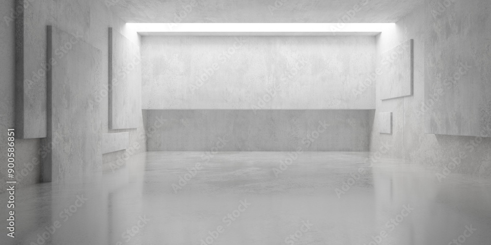 Obraz premium Abstract empty, modern concrete room with recess or niche with ceiling light, random offset block walls and shiny floor - industrial interior background template