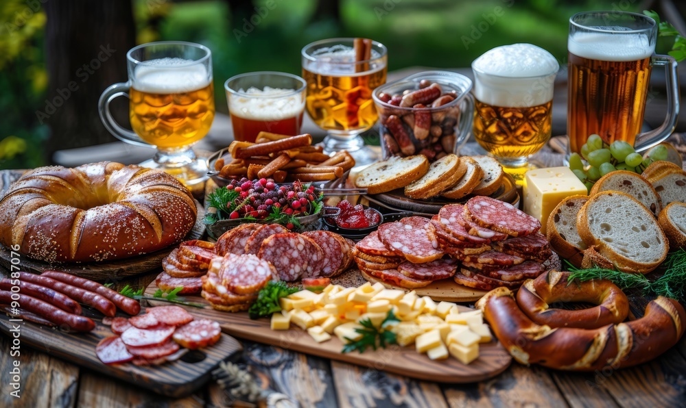 Rustic wooden table set with an array of Bavarian delicacies including sausages, cheese, and pretzels at the Oktoberfest festival. Rustic wooden table set with an array of Bavarian delicacies including sausages, cheese, and pretzels at the Oktoberfest festival.