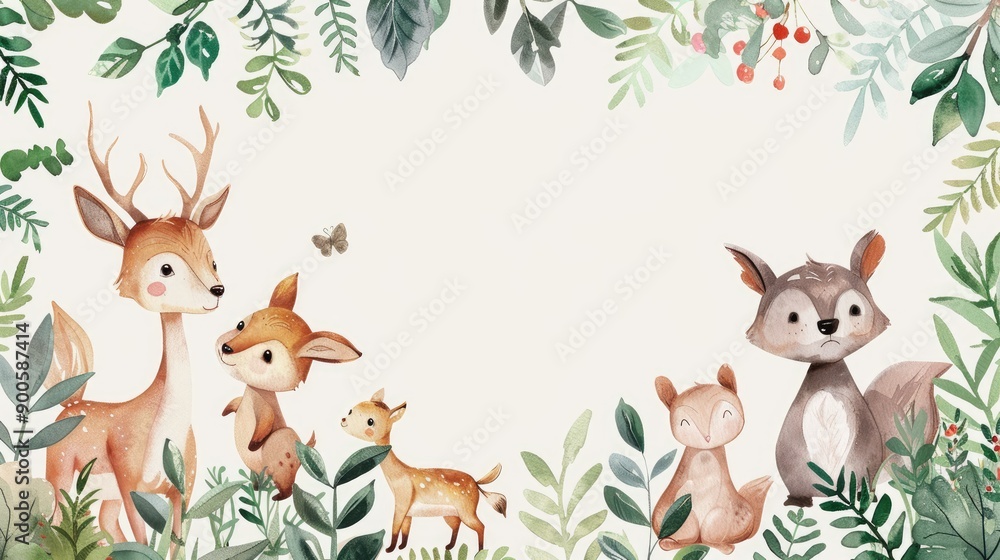 Obraz premium Whimsical watercolor frame with charming animals and lush plants, perfect for highlighting your message.
