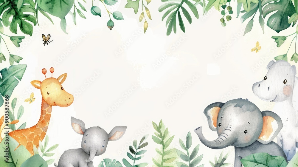 Obraz premium Whimsical watercolor frame with charming animals and lush plants, offering space for your message.