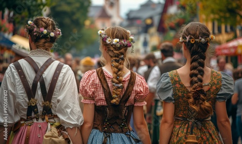 Group of people in traditional Bavarian dress at the Oktoberfest festival. photo