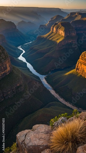 Top view of Blyde River Canyon, God's Window, Three Rondavels, blue lake, Drakensberg sunset photo