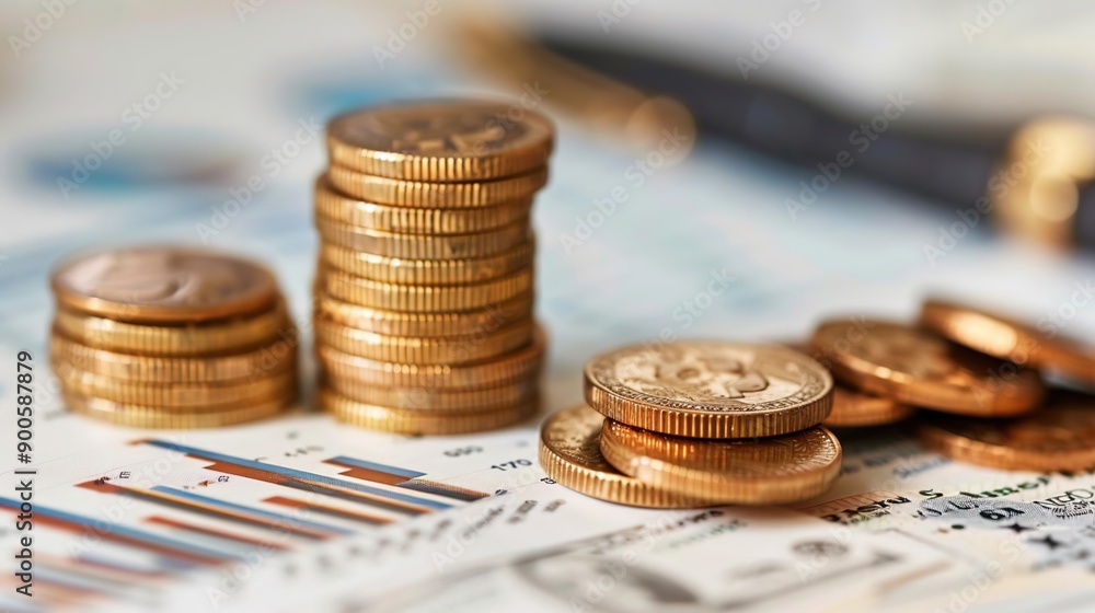 Gold Coins Stacked on Financial Charts - Realistic Photo Gold Coins Stacked on Financial Charts - Realistic Photo