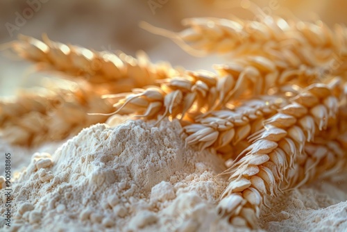 Flour and golden ears of wheat on the table