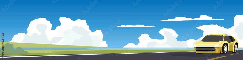 Obraz premium Landscape view of yellow car driving on asphalt road. Background of meadow and beach. under blue sky and white clouds.