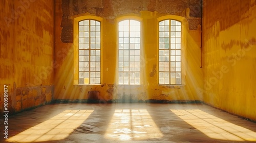 Frontal view of wall with three tall windows illuminating an old room with sunlight