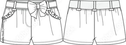 KID GIRLS BOTTOM WEAR SHORTS WITH BOW AND POCKETS FLAT SKETCH FRONT AND BACK VECTOR ILLUSTRATION