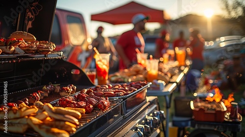 A barbecue tailgate party with a grill in the back of a truck, fans wearing team colors, and a variety of snacks and drinks on tables