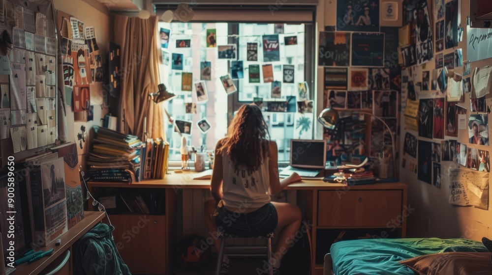 Creative Student Decorating Dorm Room with Photos and Posters in Realistic Setting Creative Student Decorating Dorm Room with Photos and Posters in Realistic Setting