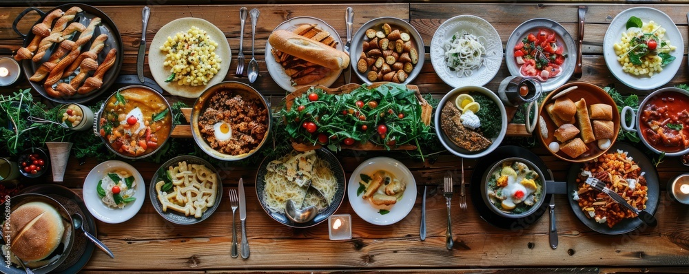 Rustic wooden table set with traditional Bavarian dishes, beer steins, and pretzels at Oktoberfest. Rustic wooden table set with traditional Bavarian dishes, beer steins, and pretzels at Oktoberfest.