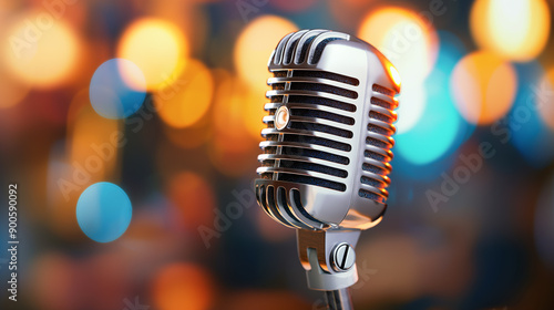 Vintage microphone on a stand with warm bokeh lights in the background, creating an elegant and nostalgic ambiance