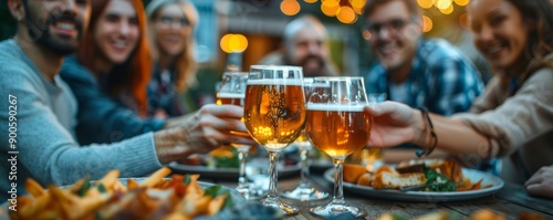 Group of friends enjoying a meal of hearty dishes and refreshing beer.