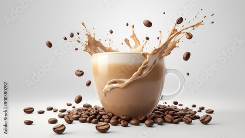 Coffee beans and milk latte splash on white background