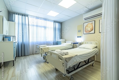 Rehabilitation Room Featuring Comfortable Beds for Physiotherapy and Pain Treatment in Bright Medical Facility