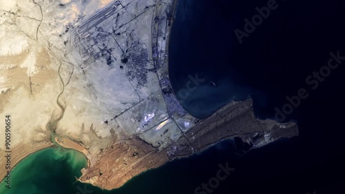 Iran Chabahar bay flying aerial satellite view, sunrise animation based on image by Nasa
