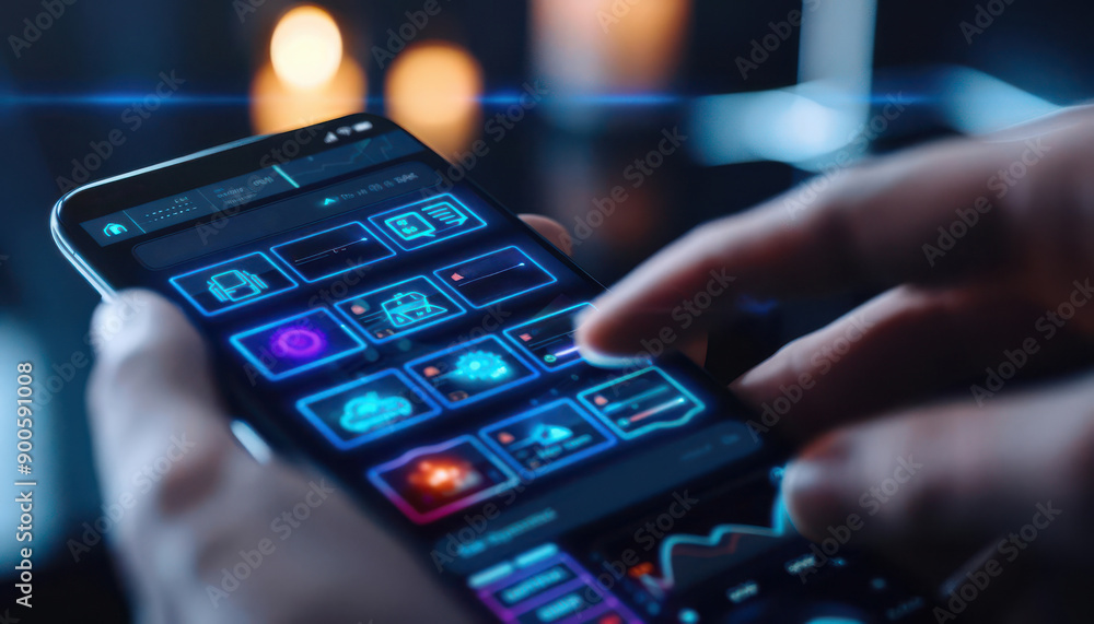 A futuristic managing system designed for smart homes, showcased on a smartphone interface A futuristic managing system designed for smart homes, showcased on a smartphone interface